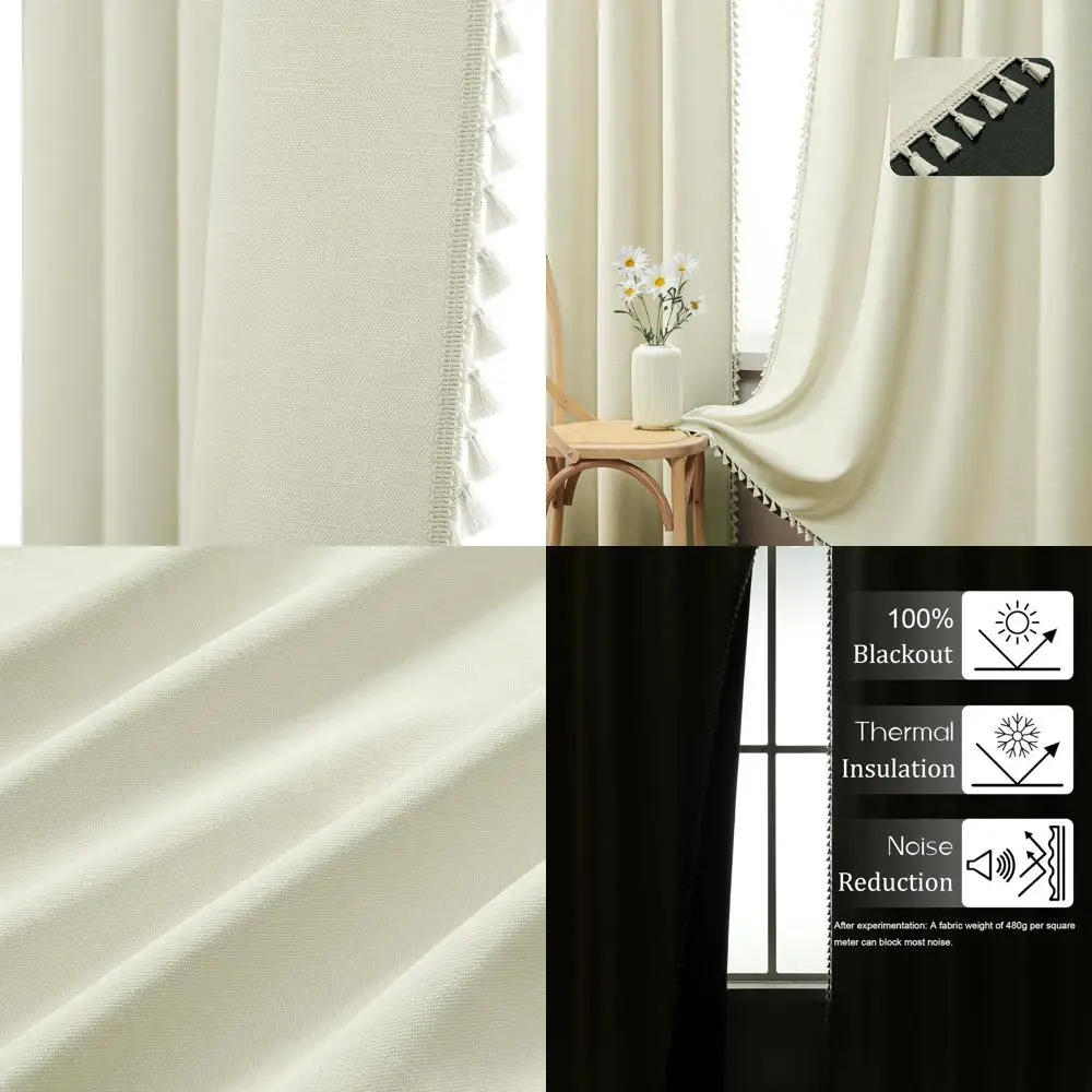 

Светло-бежевые льняные шторы в богемном стиле с термоизоляцией, на люверсах, с кистями, 52x84 дюйма