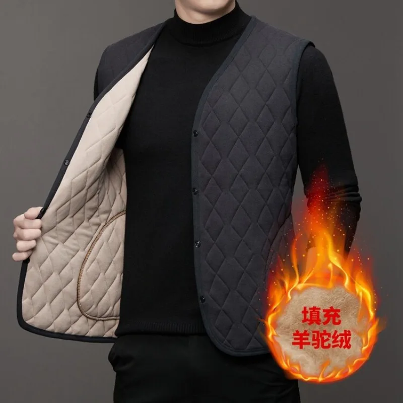 

Autumn Winter Velvet Quilted Vest Men Cold Proof Sleeveless Button Casual Jacket Warm Thickened with Pocket Cotton-padded Vest