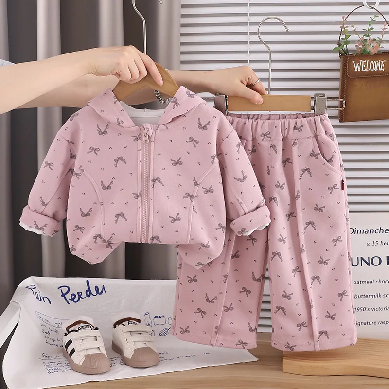 Baby Girl Fall Clothes 2026 Spring Autumn Bowknot Hooded Zipper Jacket and Pants Two Piece Set 0-5 Years Girls Boutique Outfits