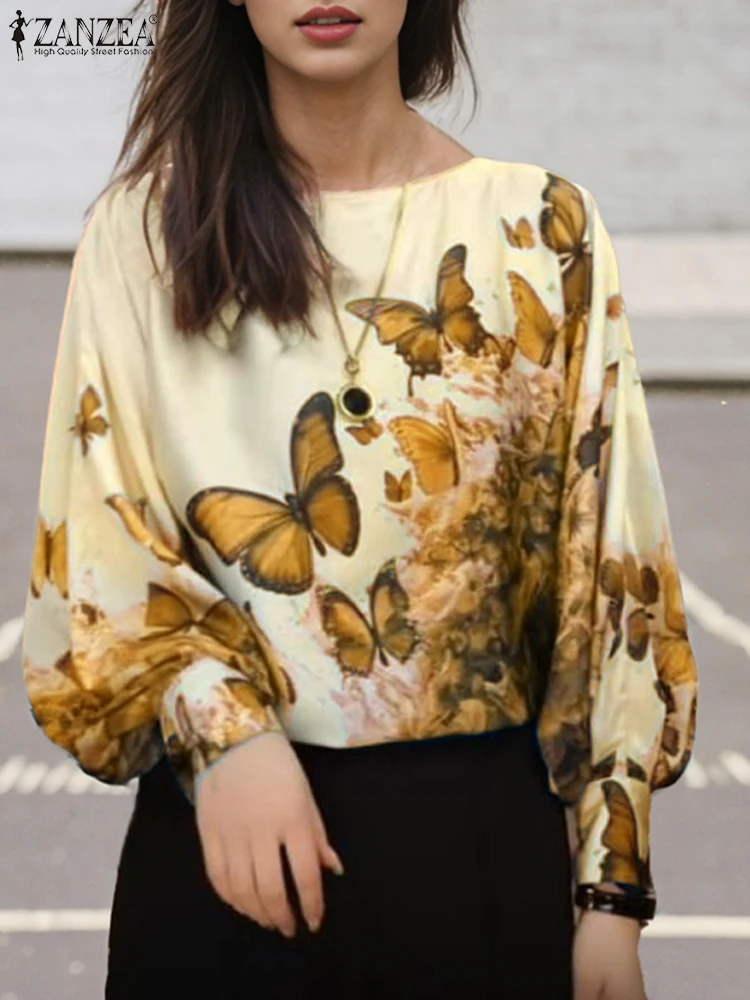 Women Butterflies Printed Shirt Fashion Long Lantern Sleeve Blouse ZANZEA Vintage Office Lady Tops Bohemian Buttons 2024 Blusas