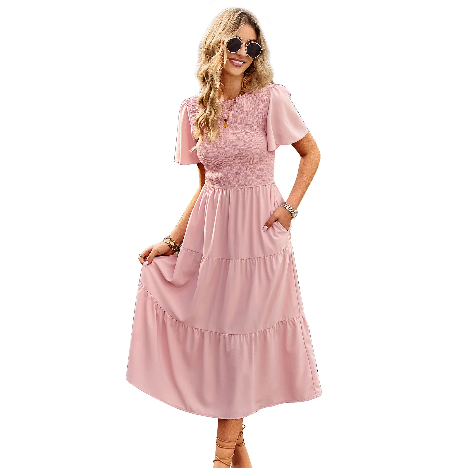 ชุดเดรสทรงเอวเข้ารูปและกระโปรงทรงเพนดูลัม ดีไซน์ปี 2025 สำหรับฤดูใบไม้ผลิและฤดูร้อน คอกลม เหมาะสำหรับวันหยุดพักผ่อนและงานแต่งงานสำหรับผู้หญิง