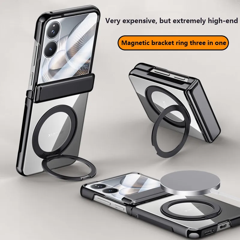 

Electroplated Transparent Phone Case For Xiaomi Mix Flip 2 Flip2 5G Magnetic Rotation Alloy Bracket Protective Cover