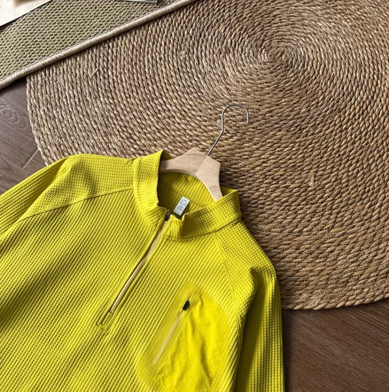 Unisex Waffle-Knit Half-Zip Long Sleeve Shirt Outdoor Hiking Sports Top with Chest Pocket Pullover Sweatshirt Sleeve T-shirt