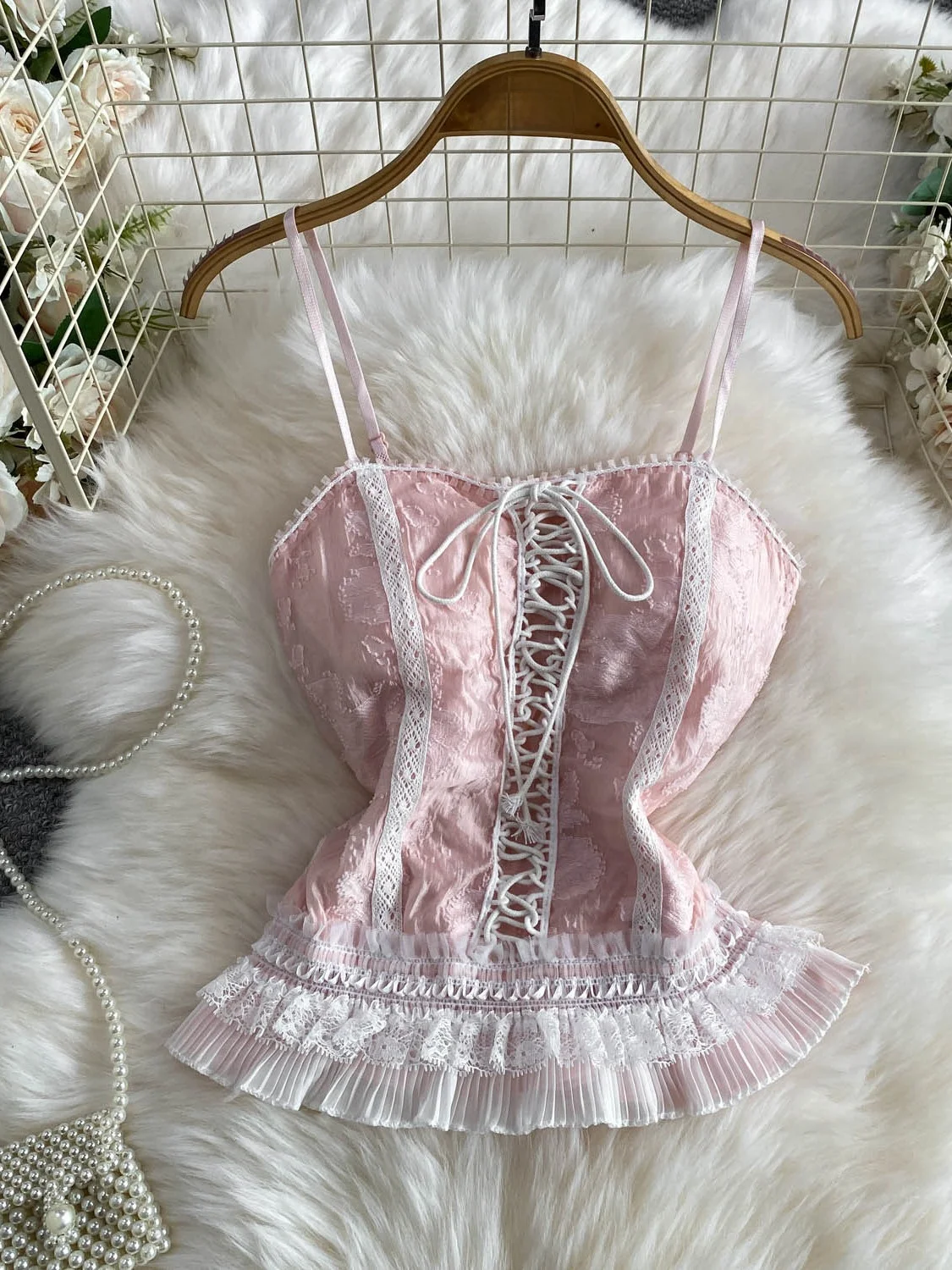Slimming Lace Panelled Tie-Detail Vest Top Women's Business Casual Style V-Neck Backless Strapless Floral Embroidery Blouse