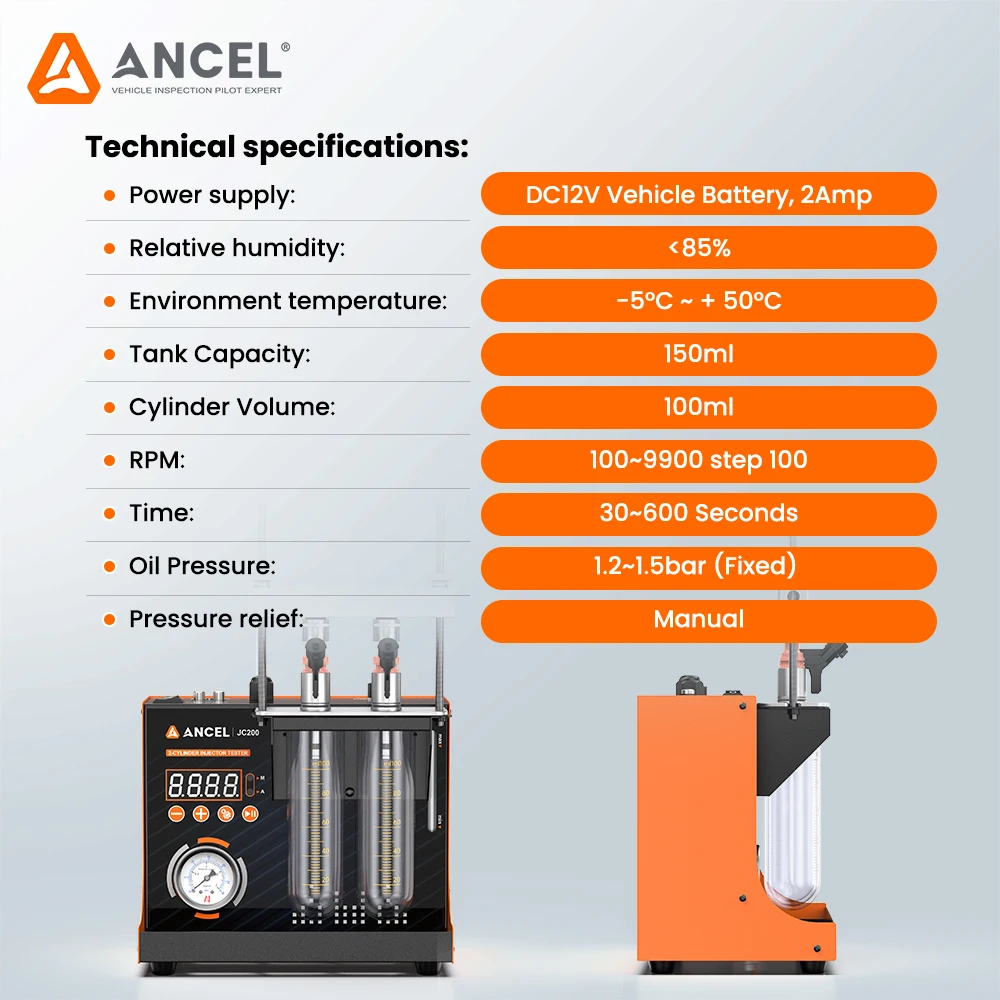 ANCEL JC200 Fuel Injector Cleaning Tester Machine for Car Motorcycle 2-Cylinders Pressure Adjustment Built-in Air Pump 6V 12V