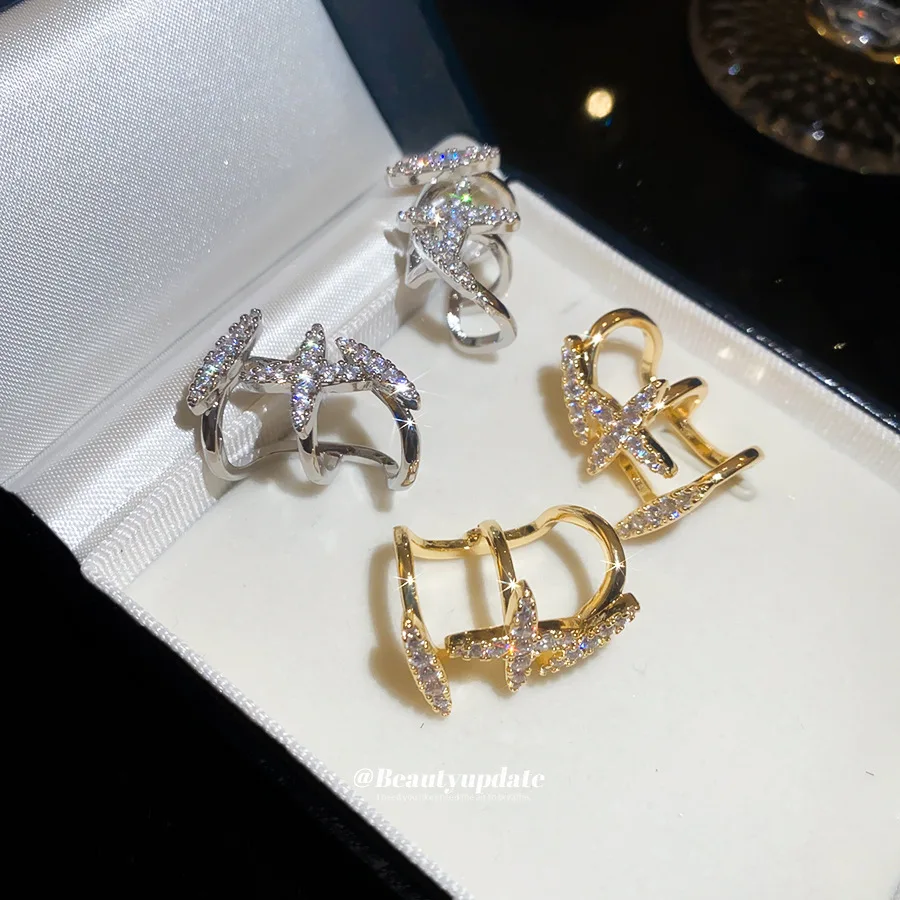 Non Pierced Geometric Cross Ear Cuff Full Pav Zircon Sparkle Cartilage Clip On Earrings Modern Minimalist Ear Jewelry