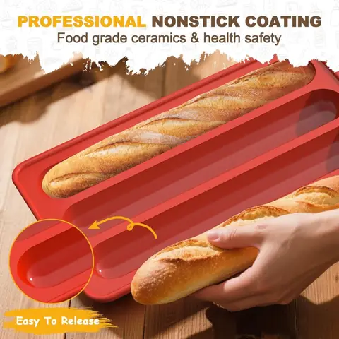 बैगेट ब्रेड पैन, प्रीमियम नॉनस्टिक फ्रेंच ब्रेड बेकिंग पैन, ढक्कन के साथ 3 लोफ बैगेट पैन, खट्टे आटे के लिए समान रूप से गर्म करना, इटैलियन 8 best sales जामन - №2