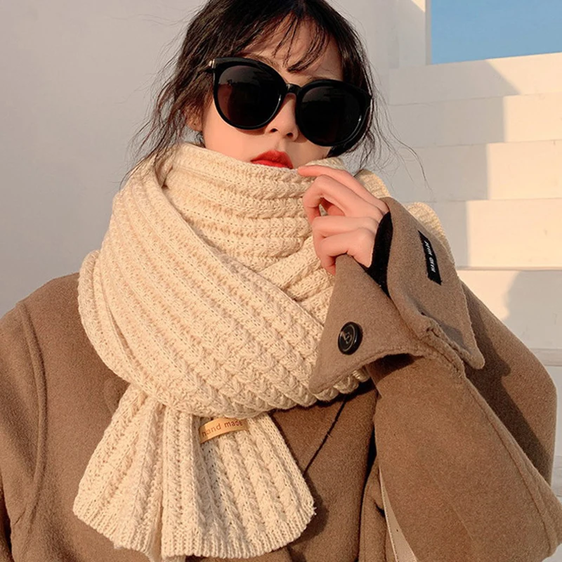 1Pc Solid Color Wool Scarf Female Korean Version Cute Girl Autumn Winter Thick Warm Knit Neck Ring