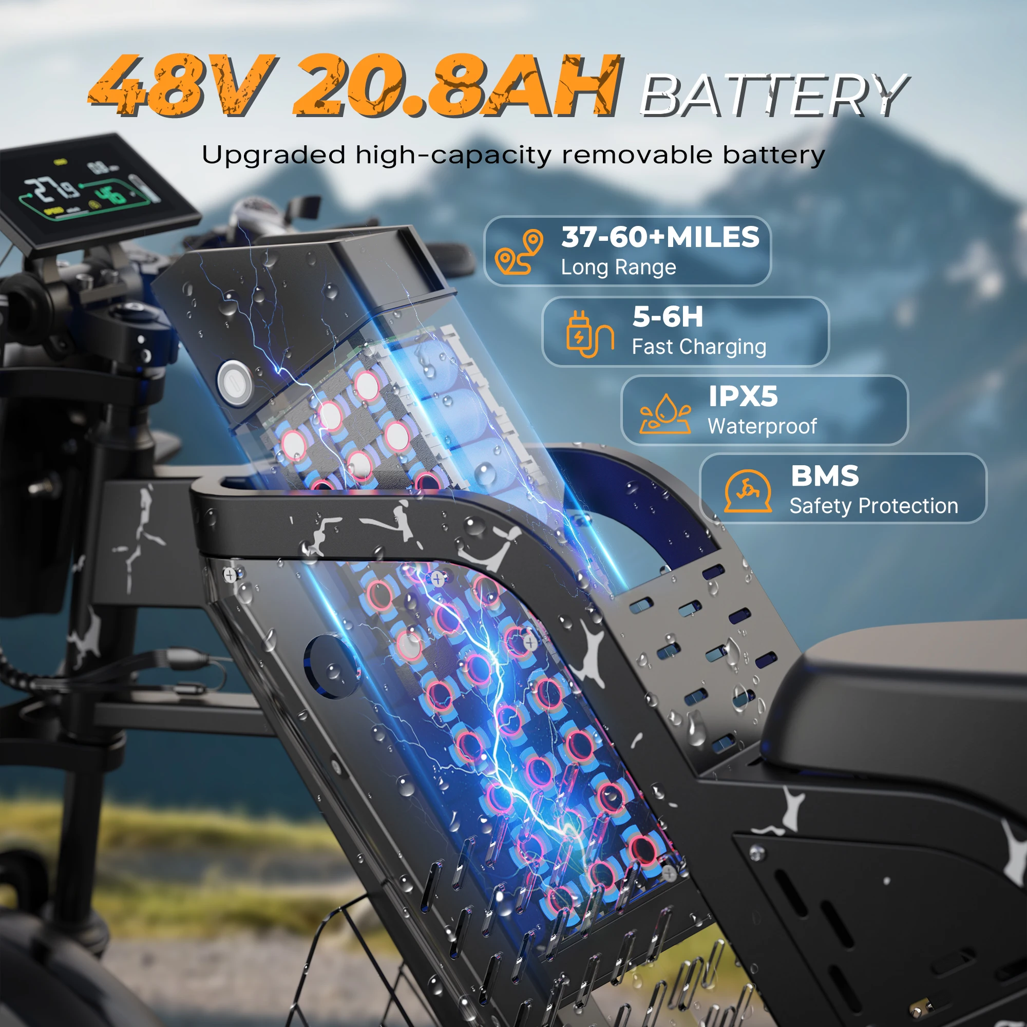 دراجة كهربائية Varun X-Plorer Rapto للبالغين، طاقة ذروة 1000 وات، 48 فولت 20.8 أمبير، 20 بوصة × 4 إطار سميك، 28 ميجا في الساعة، دراجة إلكترونية UL 2849، ضمان لمدة سنة واحدة #3