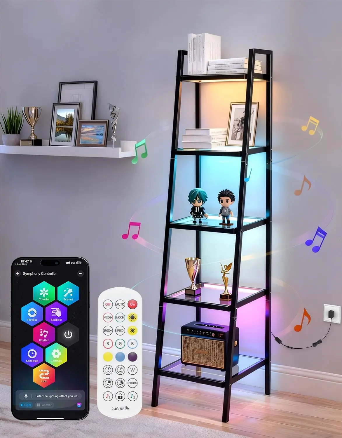 

66.9' Glass Display Shelf with RGB Lights, 5-Tier Ladder Shelf, Dimmable LED, App/Remote Control, Music Sync, 3 Color Temp, Blac