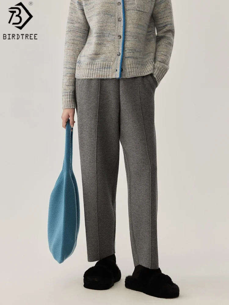 Birdtree, 46% Sheep Wool Straight Pants, Women's Solid Warmth Trousers, Elastic Waist, 2026 Autumn Casual Solid Pants P69318JF