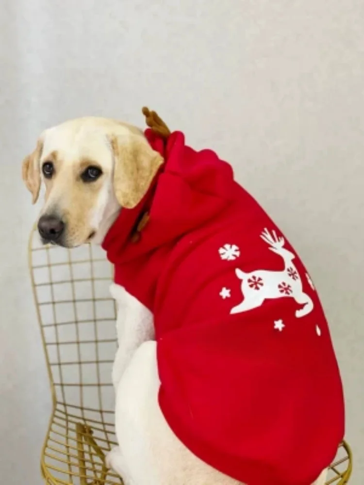 Pet Dog Clothing For Winter Warmth Pure Cotton Plush Christmas Deer Hoodie Large Dog Golden Hair Labrador