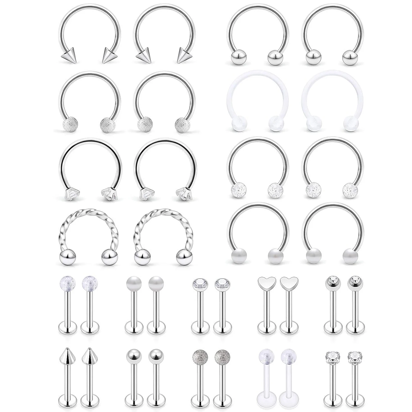 Set of 36pcs 16G Stainless Steel Horseshoe Labret Lip Rings Nail Tragus Helix Earrings Studs Ring Piercing Jewelry 6/8/10/12mm