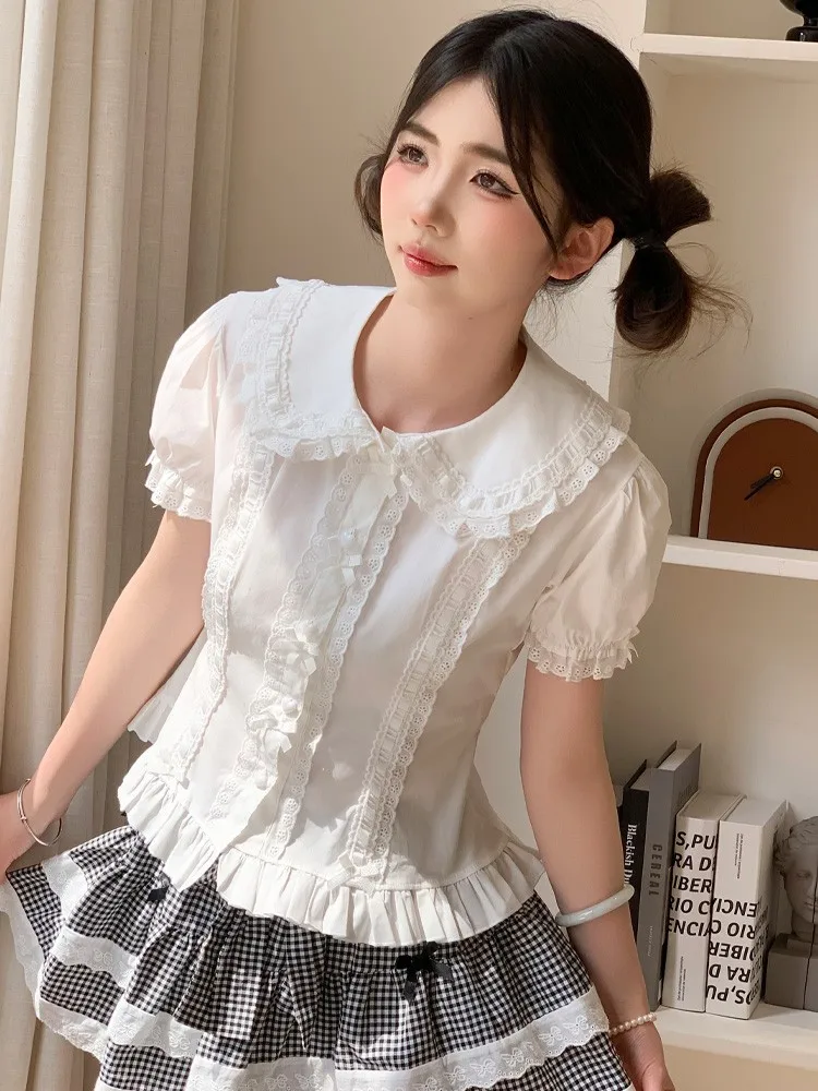 

Japanese Cute Peter Pan Collar Lolita Blouses Summer Slim Fit Bottoming Shirt Women 2025 New Puff Sleeve White Tops Mujer