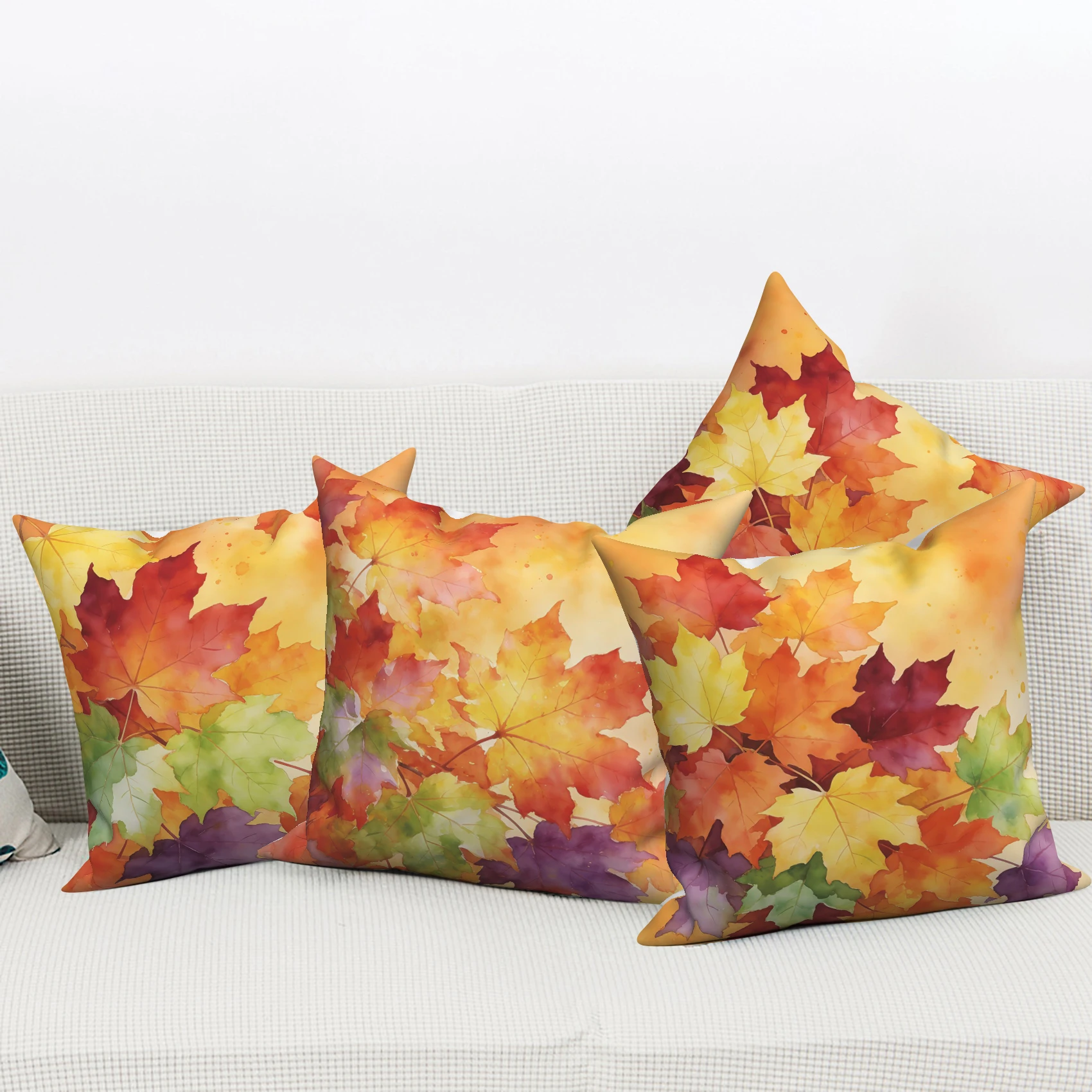 4Pcs/Set Watercolor Maple Leaf Pillow Covers, Autumn Fall Thanksgiving Cushion Cases, Polyester/Linen, Farmhouse Home Decoration