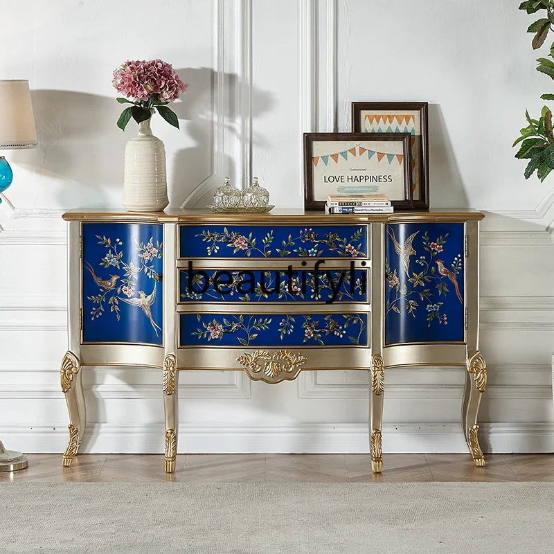 

European-style painted entrance dining side cabinet living room solid wood locker decorative cabinet light luxury furniture1184