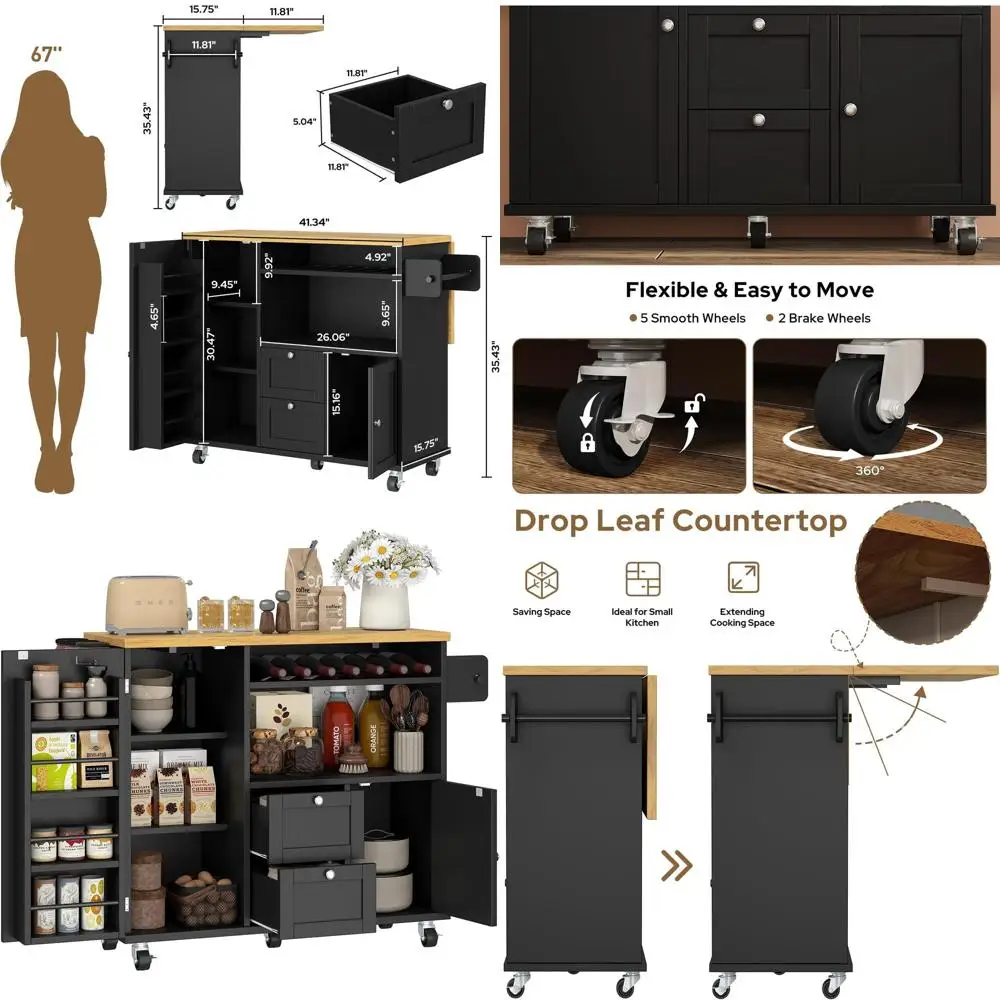 

Rolling Kitchen Island with Storage Cabinet, 41.3'' Width Kitchen Cart with Desktop Drop Lea Countertop, Portable Mobile Island