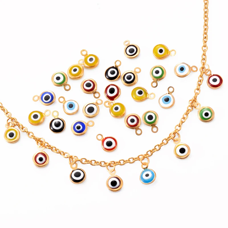 10pcs Gold Stainless Steel Turkey Eyes Enamel Charm DIY Jewelry Making Necklaces Findings Bracelets Supplies Accessories 7mm