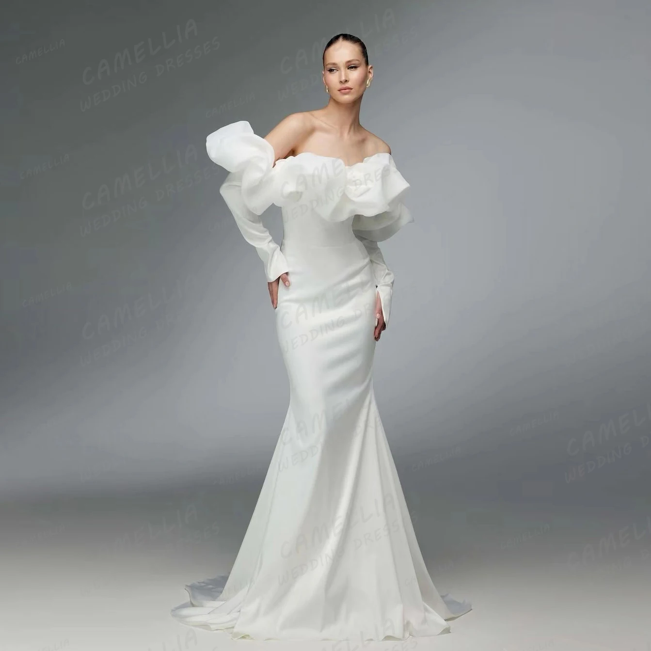 Luxury Wedding Dresses Women's Sexy Mermaid Off Shoulder Long Sleeve Bridal Gowns Backless Pleat Satin Vestidos De Noche 웨딩드레스