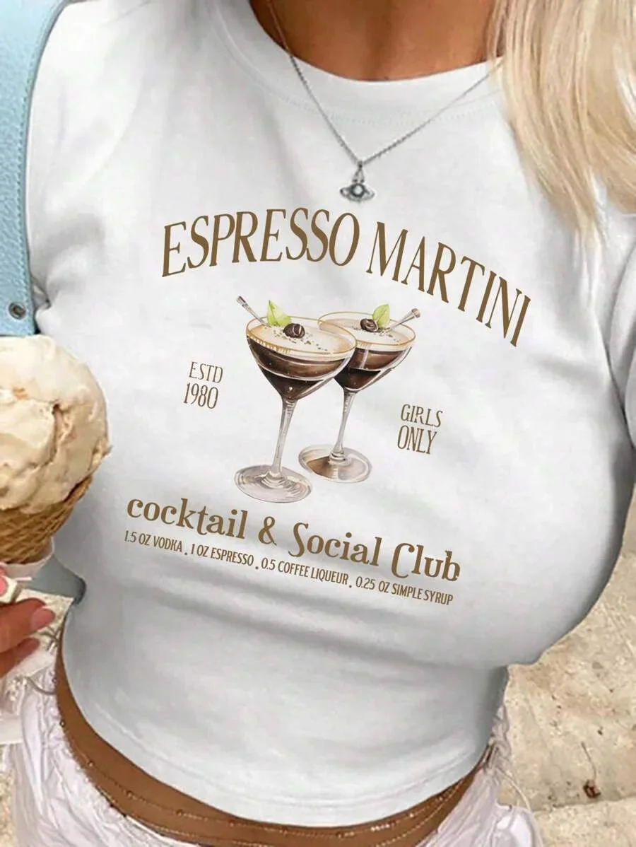 Women's Summer Slogan Printed Short Sleeve Casual Right Shoulder Slim Versatile Round Neck T-Shirt