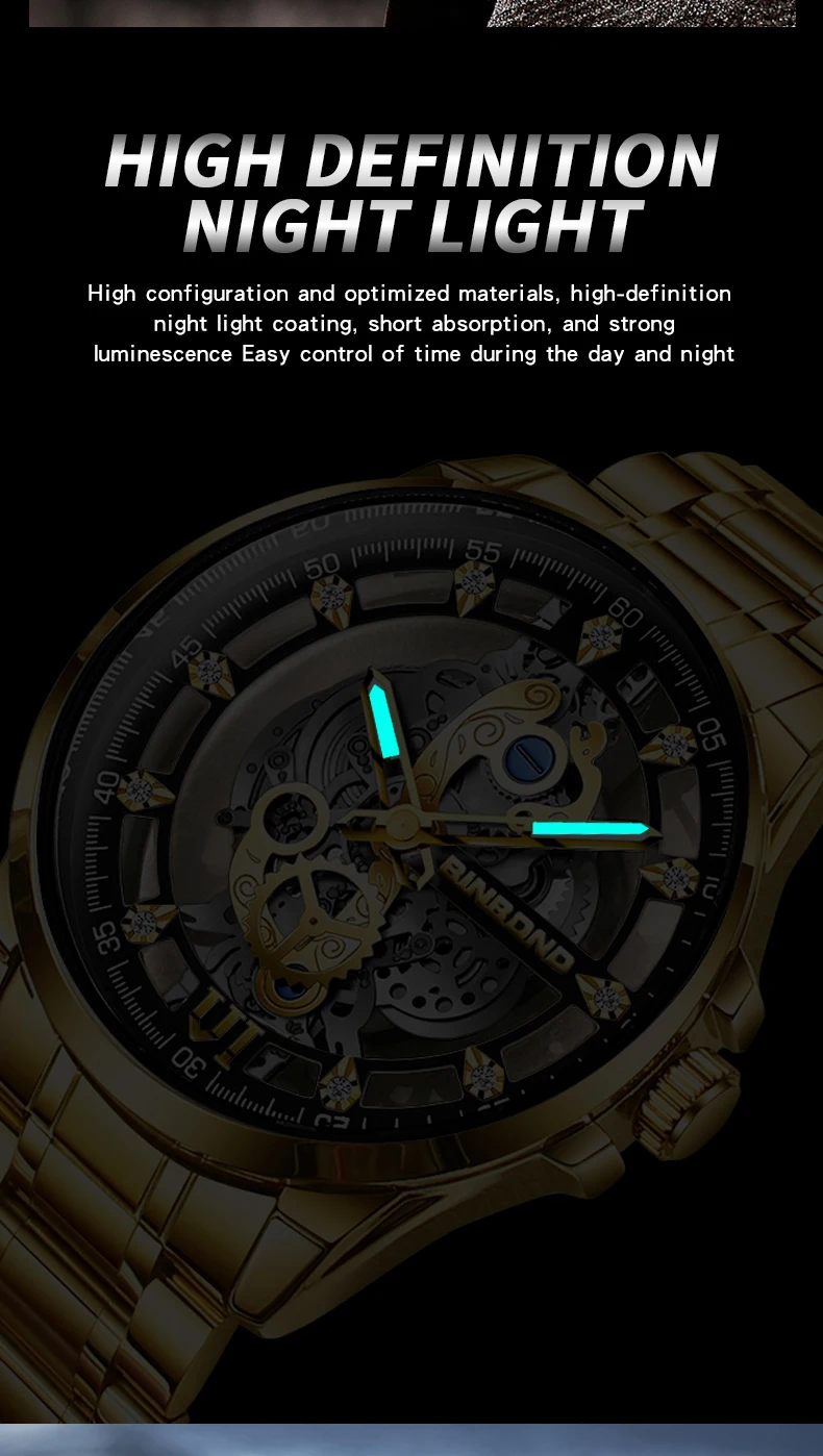 BINBOND Brand 505 Fashionable Luxury Non Mechanical Hollow Men's Quartz Watch Waterproof Night Light Men's Quartz Watch 2025