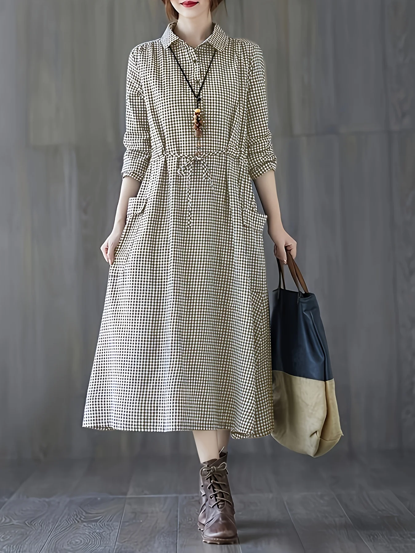 Black and white small plaid flip tie button waist closure large pocket long sleeved dress