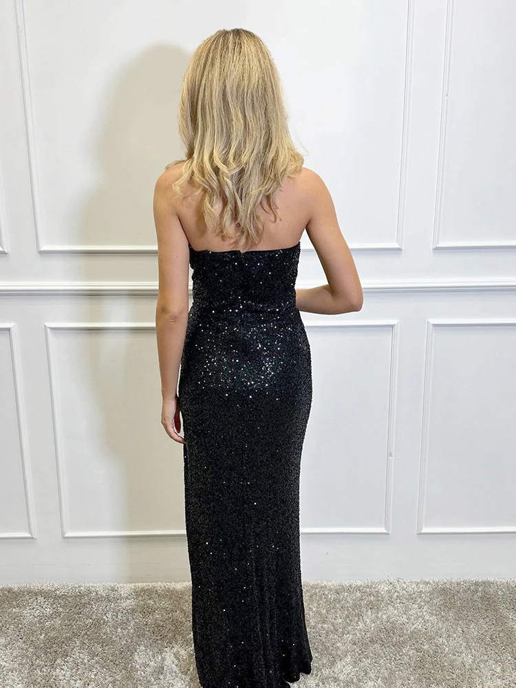 Sukienka maxi syrenka bez ramiączek z cekinami i koralikami, z wycięciami, idealna na imprezę lub galę, w stylu VC Fashion.