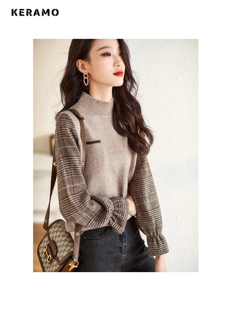 Casual Plaid Patchwork Office Lady Knitting Long Sleeve Jumpers 2025 Winter Women's Round Neck Elegant Slim Fit Sweater Top