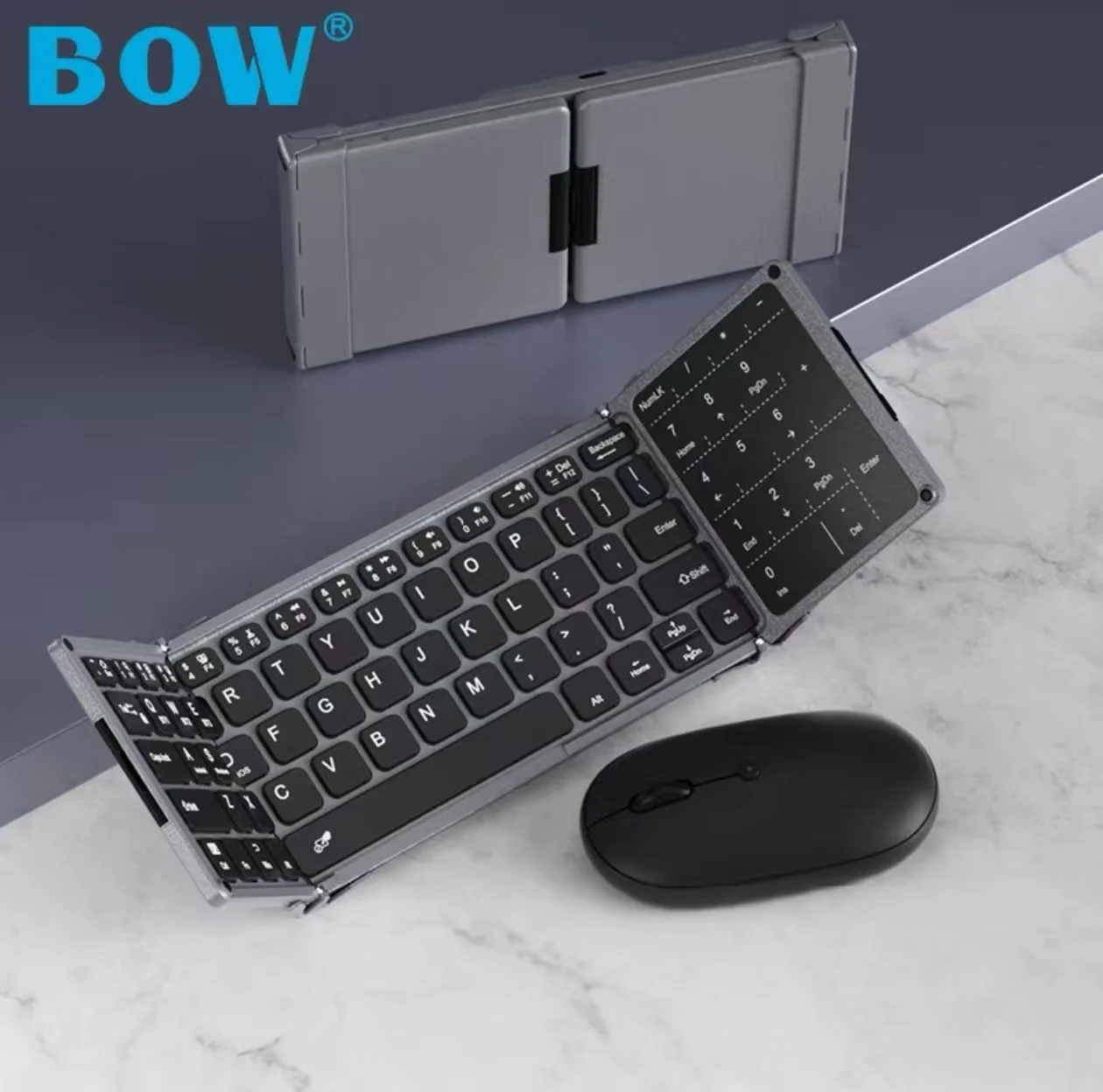 B.O.W Folded Keyboard with number pad , 3 Bluetooth Devices Supported, Aluminum Compact for Cellphone iOS Android Windows PC