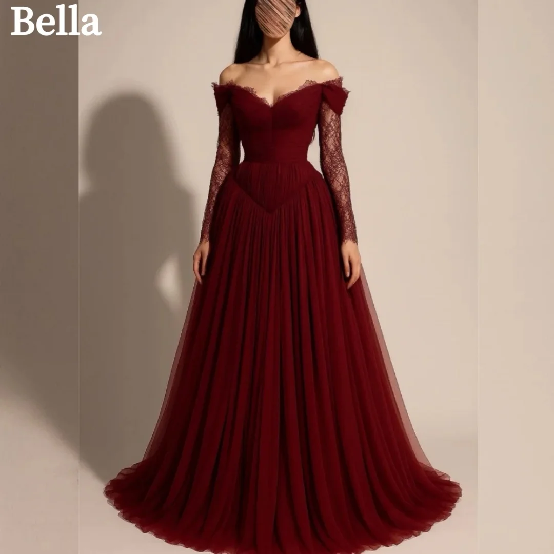 Bella Customized A‑Line Ball Gown Prom Dress Lace Appliques vestidos de noche Sweetheart Neck Long Sleeve Evening Dresses 2026