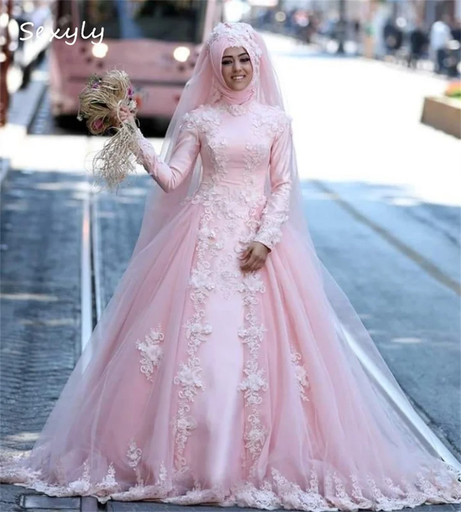 

Luxurious Pink Muslim Wedding Dress Traditional A Line Florals Ingush Bride Dress Ensembles Civil Country Bridal Gown Customized