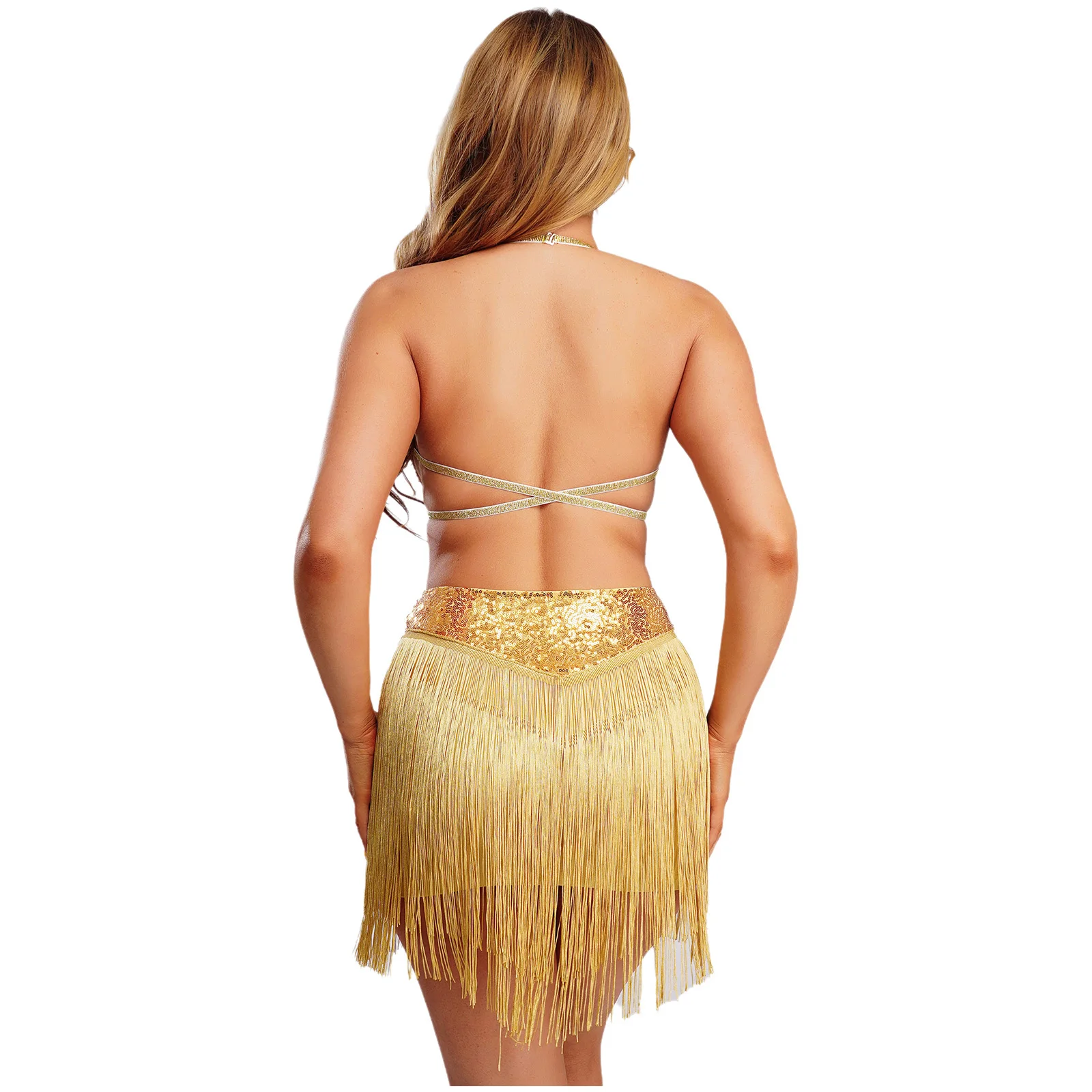 Vestido de baile con lentejuelas y borlas para mujer, sujetador push-up con cuello Halter y espalda descubierta para vientre, Tango latino cha-cha Samba, vestido de baile de salón