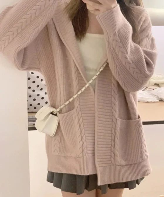 

2026 Autumn New Lazy Loose Cardigan Female Solid Color Sweater Jackets Women Soft Long Sleeve Hooded Knit Overcoats U260
