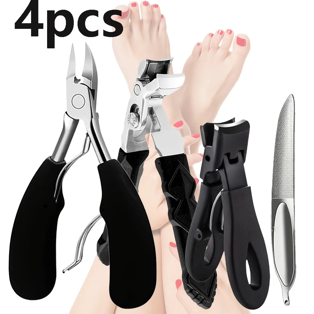 4pcs Professional Toenail Clipper Set - Stainless Steel, Wide Jaw, Splash-Proof & Easy to Clean - Perfect for Thick Nails, Men,