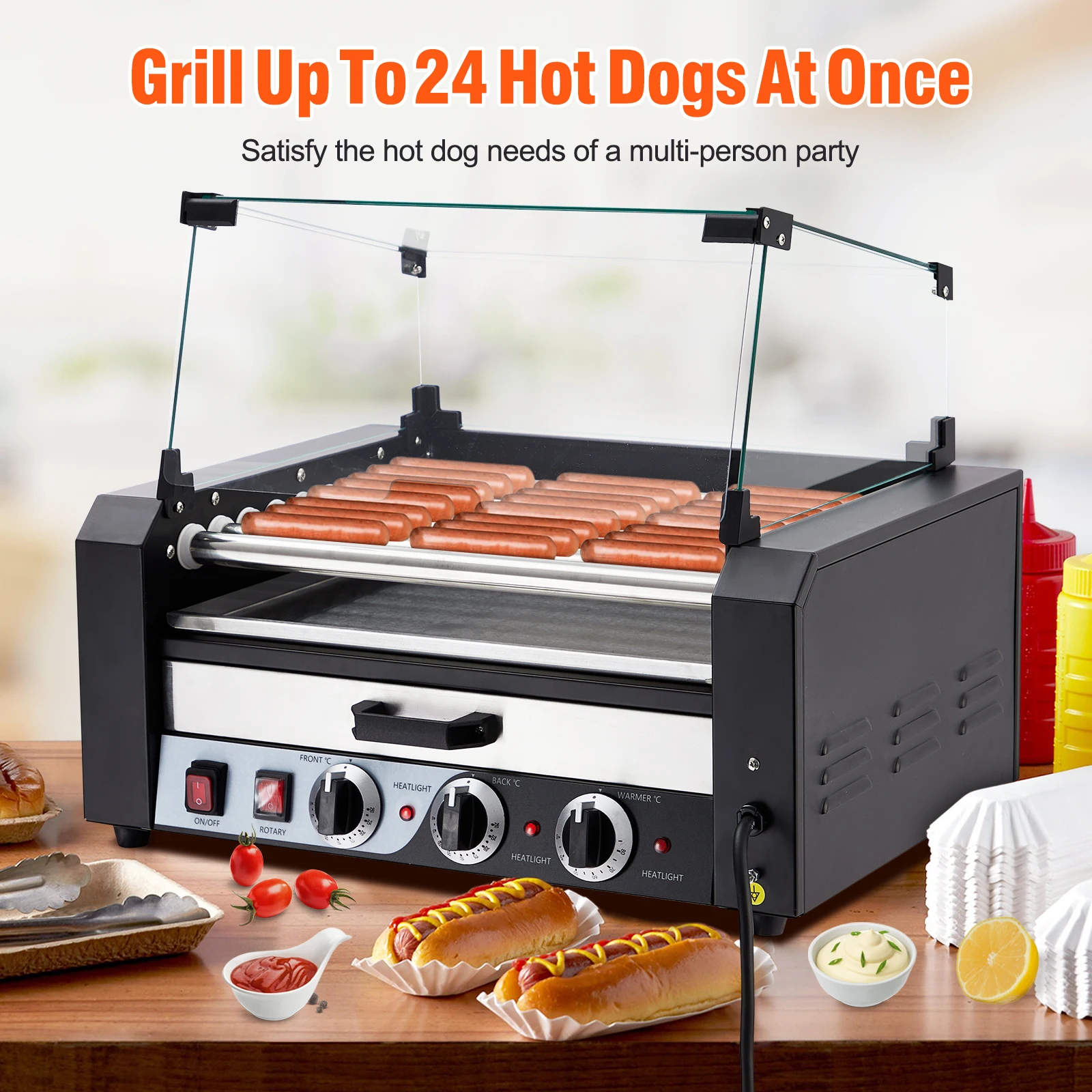 Hot Dog Roller Sausage Grill Cooker Machine 9 Rollers 24 Hot Dogs Capacity with Removable Oil Drip Tray Dual Temp Control