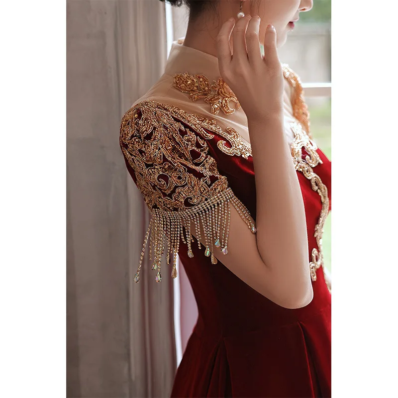 Chinese Velvet Bride Wedding Dress Stand Collar Lace Formal Party Gown With Tassels A-Line Elegant Vestidos De Festa Cheongsam