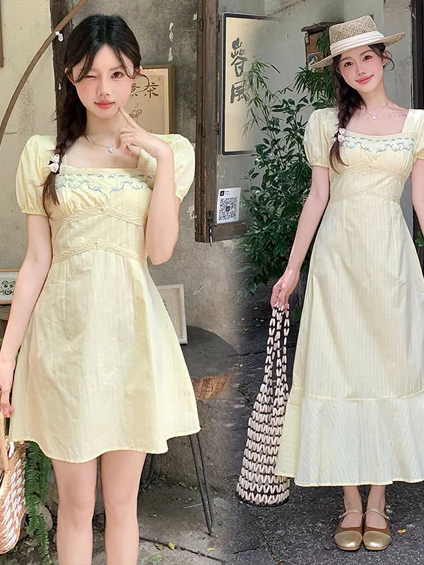 

plus Size Women's ort Sve Embroidered Floral Print Square Ne Fi Tail Dr Summer New Sle Waist Cinched Midi Dr