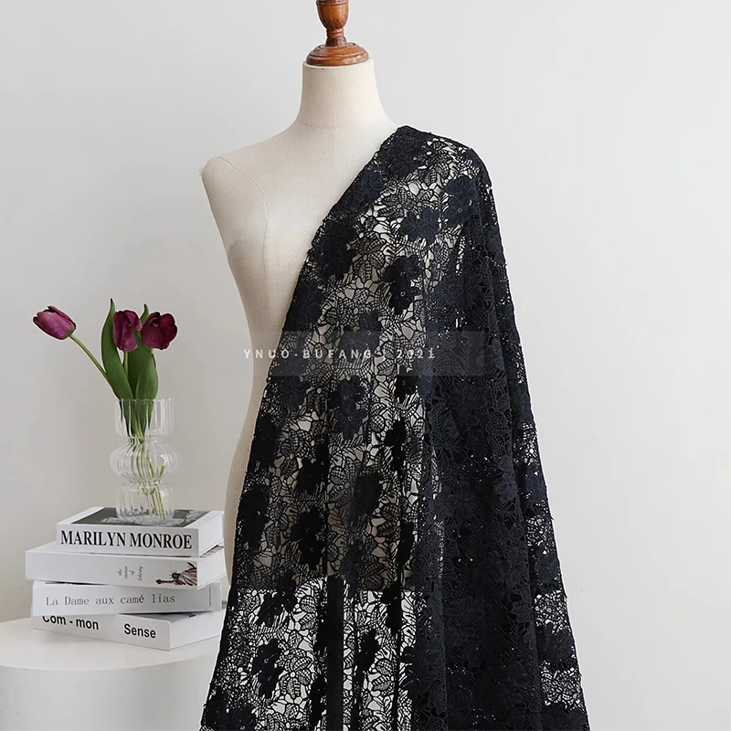 Black Milk Silk Water-Soluble Lace Hollowed Out Embroidery Lace Fabric Skirt Cheongsam Fashion Designer Fabric By the meter