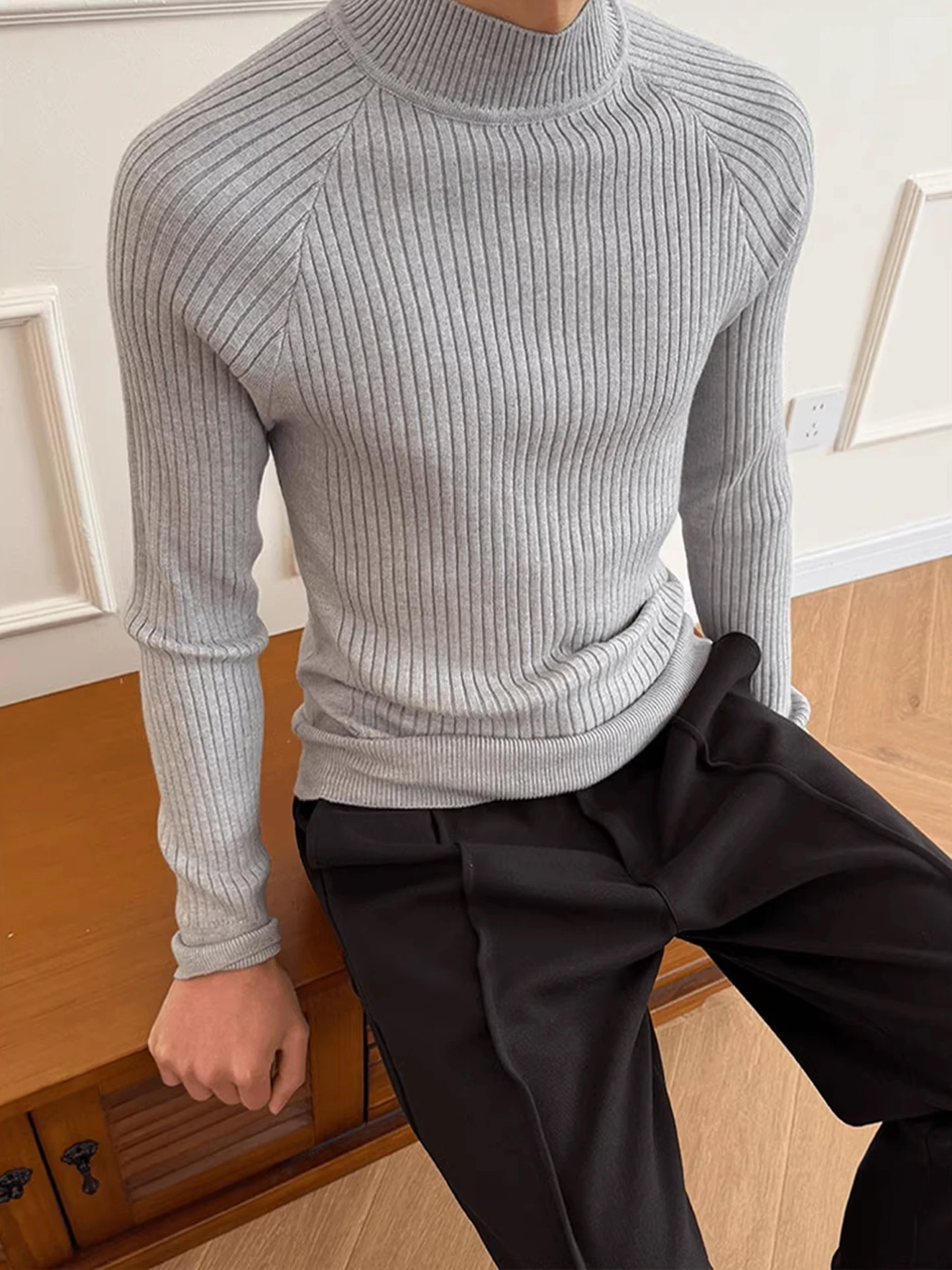 

Korean Sle Slim Fit f High Collar Warm Knitted Sweater Men's Autumn Winter Small ence High End Vertical Pit Stripe I...
