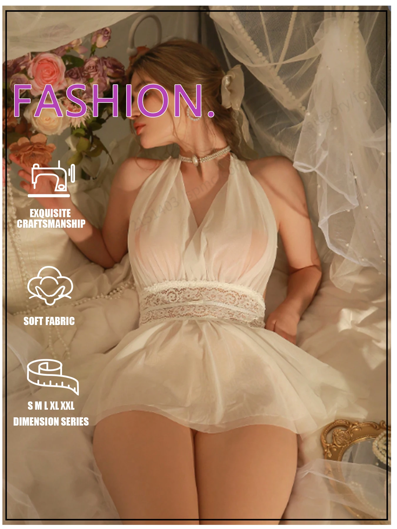 Sexy Lace Splicing Mesh Halter Deep V Backless Lingerie Nightgown for Women All-Season Homewear Comfortable Women's Dress