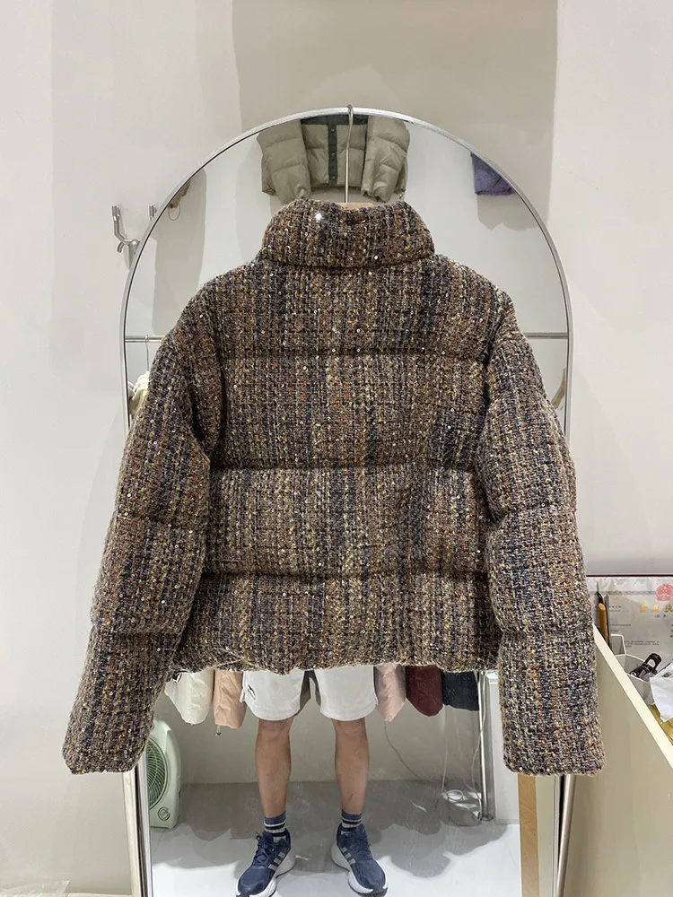 Winter-Daunenmantel im neuen Design für Damen mit dickem, warmem Tweed-Weiß-Entendaunen-Warmmantel 2024, neu