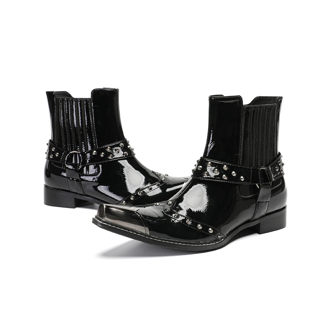 Botas Black Patent Leather Pointed Toe Men Rivets Motorcycle Ankle Boots Plus Size Male Shoes Night Club Party Short Boots