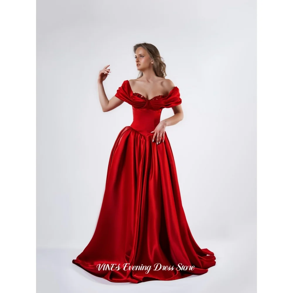 

VINES Luxurious Red Off Shoulder Prom Dress Crystal-Embellished Bust Evening Dress Satin Formal Party Gown with Train Customized
