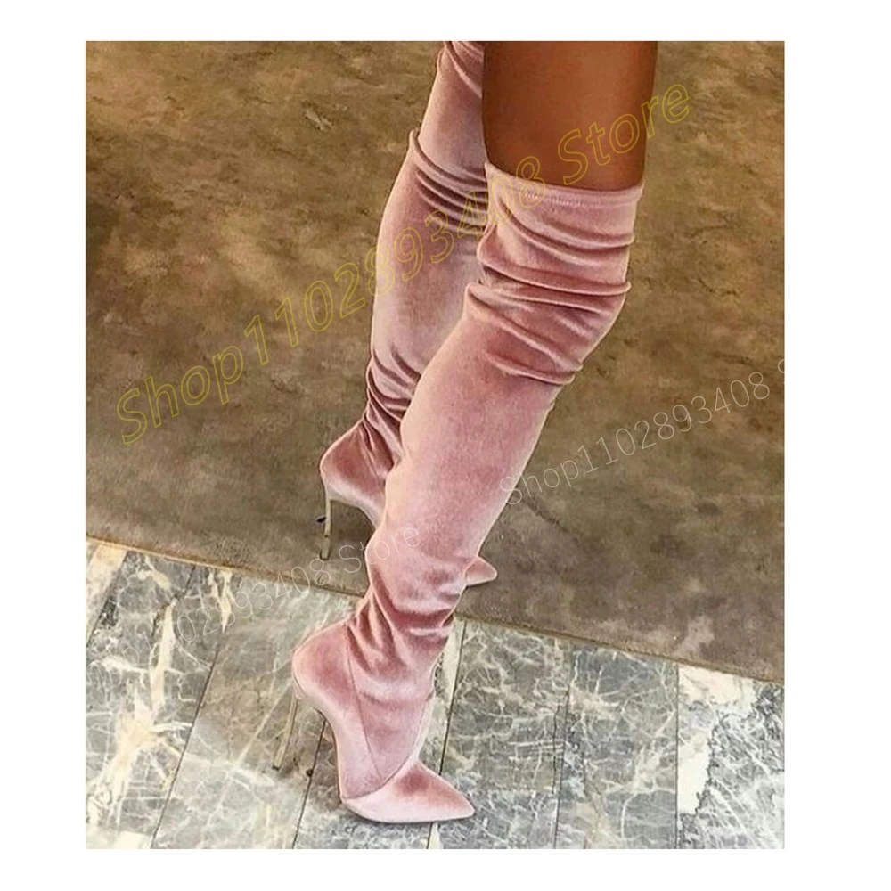 Pink Sweet Sexy Suede Over the Knee Boots Metal Stiletto High Heel Pointed Toe Fashion Sexy Women Shoes 2024 Zapatos Para Mujere