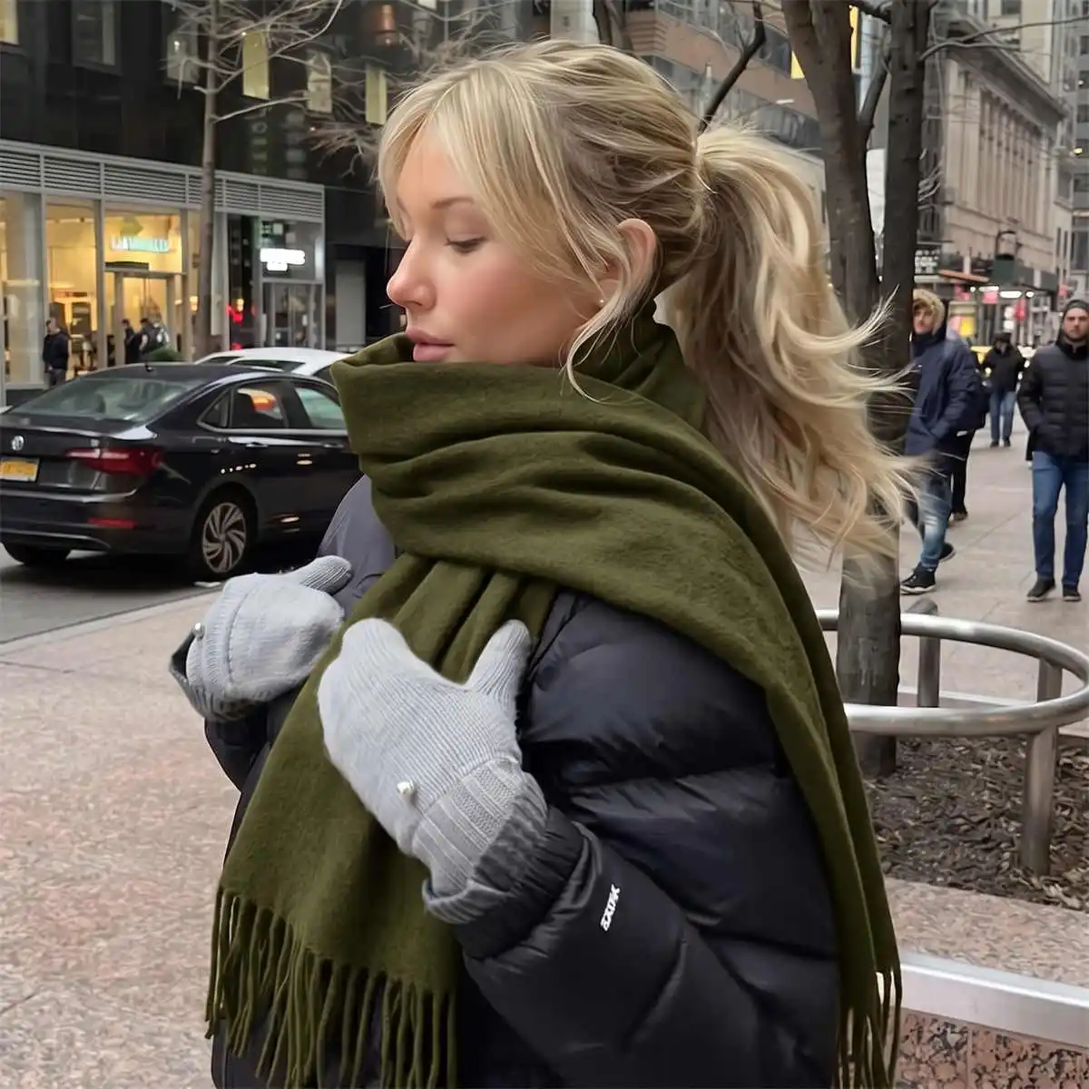 Female Plain Tone Imitation Cashmere Long Wrap Shawl Long Dangling Tassels Thick Warm Neck Scarf For Cold Outdoor Activities