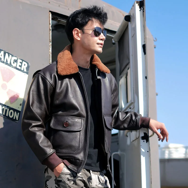 Dark Brown Winter Pilot Leather Jacket Men Military Style Europe Size Genuine Natural Thick Cowhide G1 Flight Leather Coat