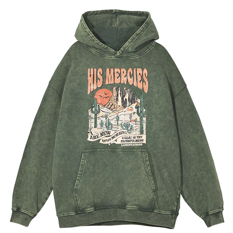 His Mercies Scenery Print Distressed Washed Cotton Hoody Male Fashion Crew Neck Warm Hoodies Vintage Loose Comfortable Clothes