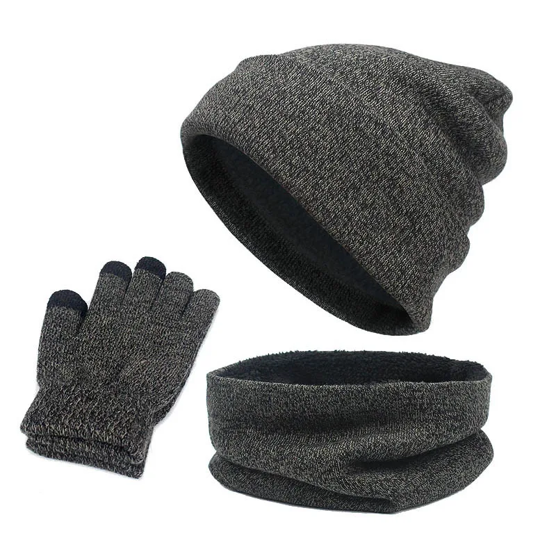 Winter Fleece Lined Thermal Set Hat Scarf Touchscreen Gloves Trio for Women Men Outdoor Skiing