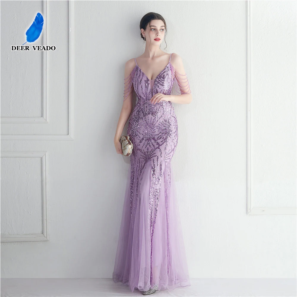 DEERVEADO Deep V Neck Strap Evening Dress with Beads Elegant Mermaid Sequins Party Dresses for Women 2023 Formal Occasion Dress