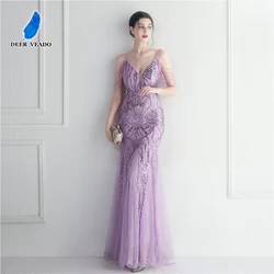 DEERVEADO Deep V Neck Strap Evening Dress with Beads Elegant Mermaid Sequins Party Dresses for Women 2023 Formal Occasion Dress